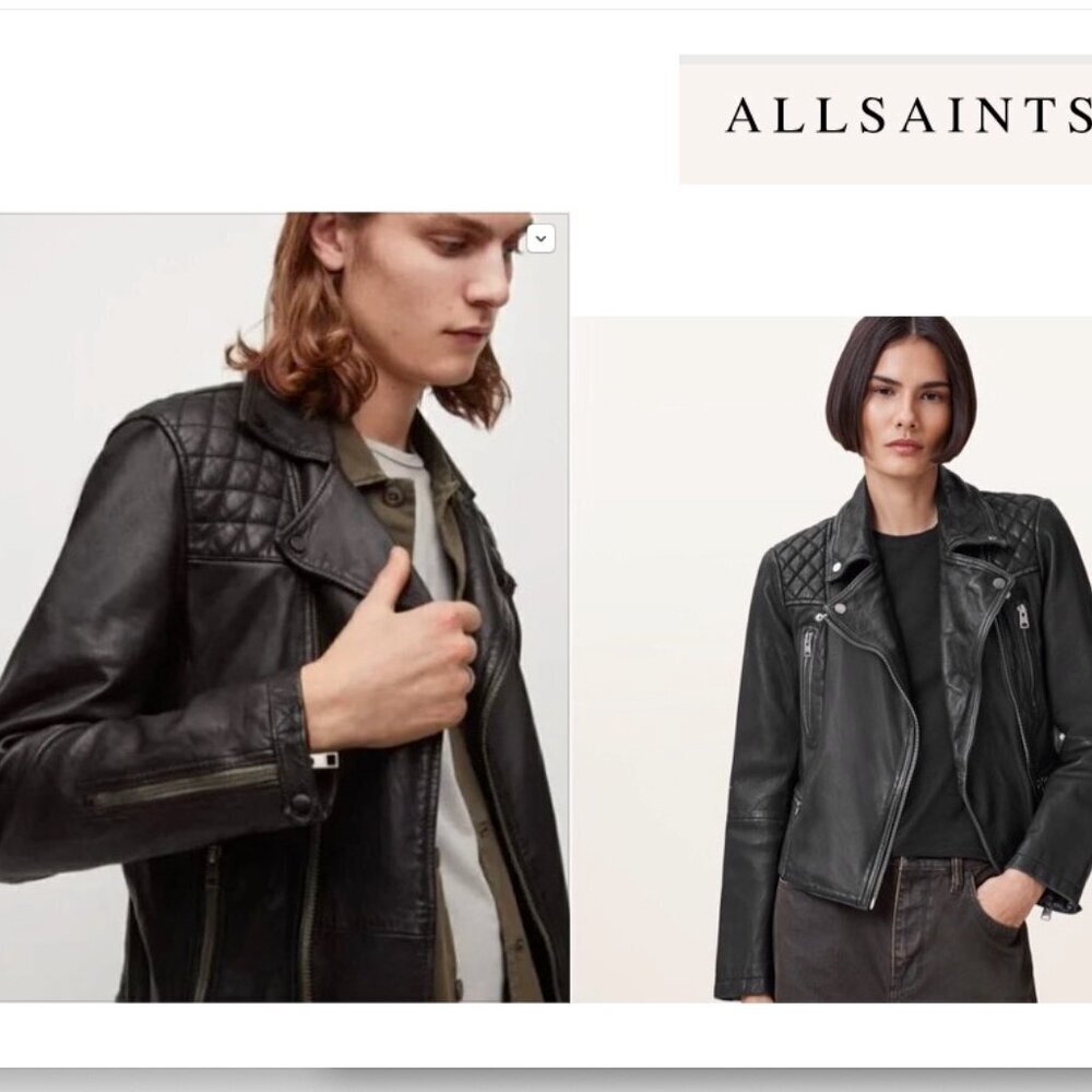 ALLSAINTS Men's/Unisex Conroy Crinkled Leather Biker Moto Jacket Black Olive XS